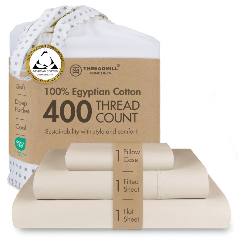 Threadmill Egyptian Cotton Twin XL Sheet Set | 100% Certified Egyptian Cotton Sheets for Twin XL Size Bed | Sateen Twin XL Bed Sheets Set Deep Pocket | Soft Hotel 3-Piece Cooling Sheet Set | Beige - Image 1